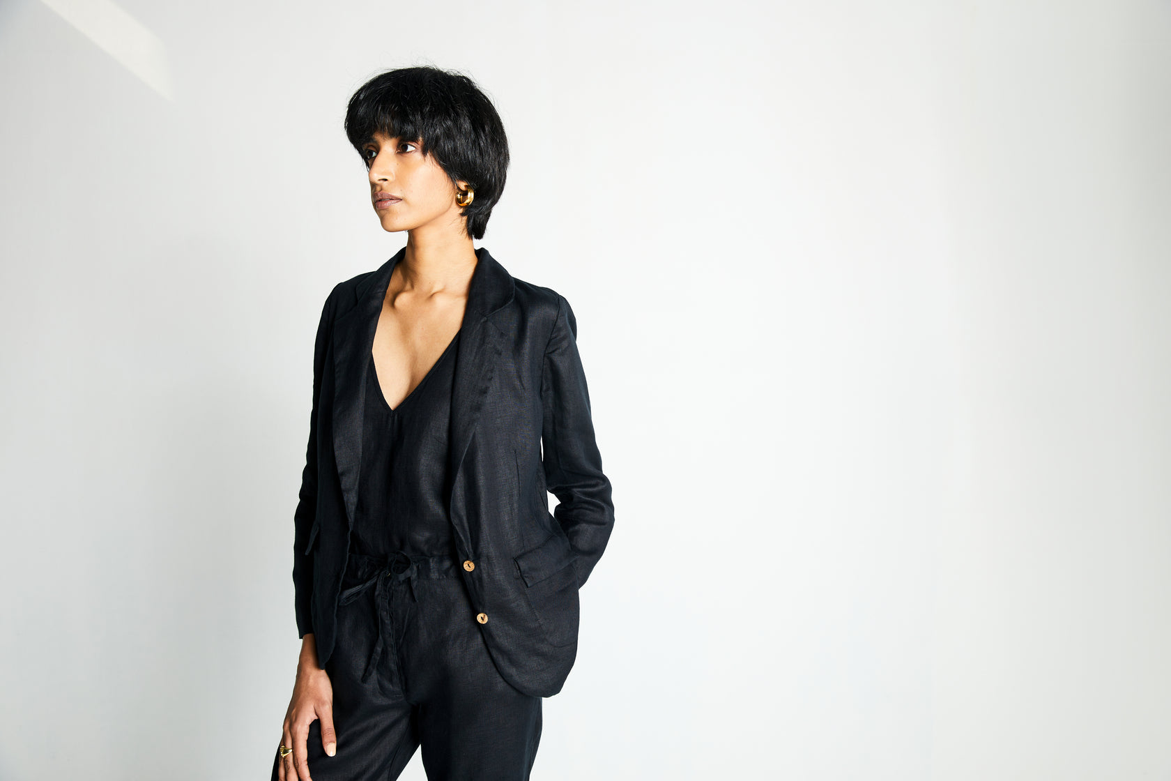 The She's Everything Blazer by Reistor with Archived, Black, Blazers, Casual Wear, Hemp, Hemp by Reistor, Hemp Noir by Reistor, Natural, Relaxed Fit, Solids, Womenswear at Kamakhyaa for sustainable fashion