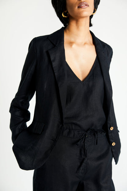 The She's Everything Blazer by Reistor with Archived, Black, Blazers, Casual Wear, Hemp, Hemp by Reistor, Hemp Noir by Reistor, Natural, Relaxed Fit, Solids, Womenswear at Kamakhyaa for sustainable fashion