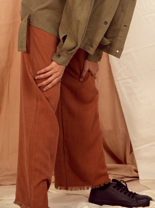 Copper Brown Pants by The Terra Tribe with Brown, Casual Wear, fall, Hayley earth by The Terra Tribe, Natural, Palazzo Pants, Regular Fit, Solid Selfmade, Solids, Tencel Twill, Womenswear at Kamakhyaa for sustainable fashion