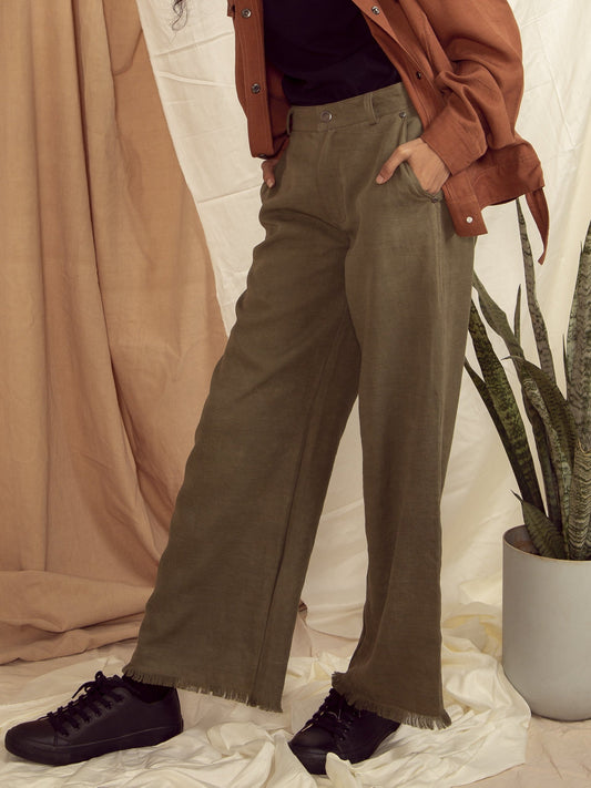 Green Pants by The Terra Tribe with Casual Wear, Green, Hayley earth by The Terra Tribe, Natural, Palazzo Pants, Regular Fit, Solid Selfmade, Solids, Tencel Twill, Womenswear at Kamakhyaa for sustainable fashion