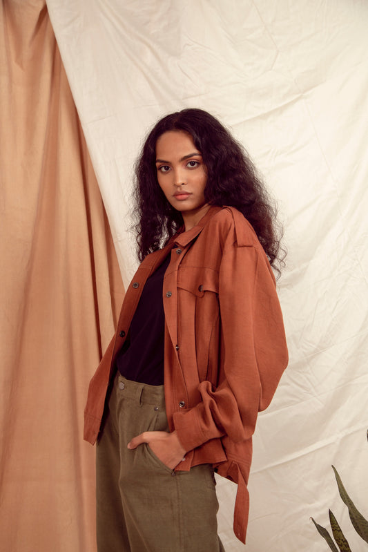 Copper Brown Oversized Jacket by The Terra Tribe with Brown, Casual Wear, fall, Hayley earth by The Terra Tribe, Jackets, Natural, Regular Fit, Solids, Tencel Twill, Womenswear at Kamakhyaa for sustainable fashion
