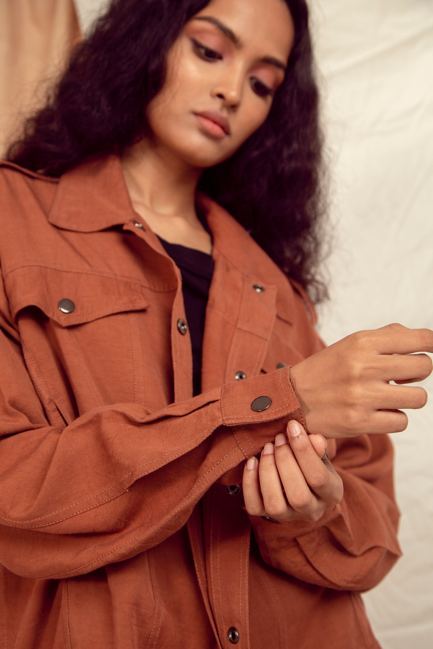 Copper Brown Oversized Jacket Overlays Hayley Earth, Jackets, Natural, Regular Fit, Solids, Tencel Twill The Terra Tribe Kamakhyaa