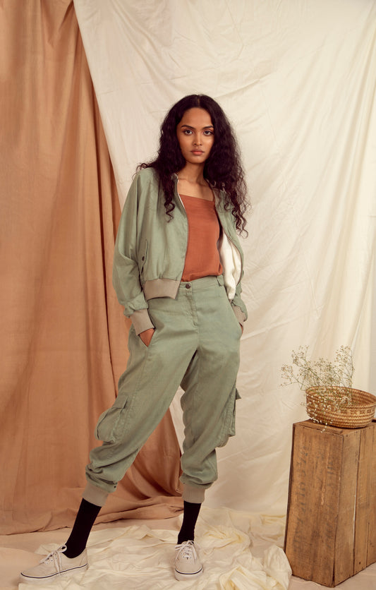 Grey Pants by The Terra Tribe with Casual Wear, Green, Grey, Hayley earth by The Terra Tribe, Joggers, Natural, Regular Fit, Solids, Tencel Satin, Womenswear at Kamakhyaa for sustainable fashion
