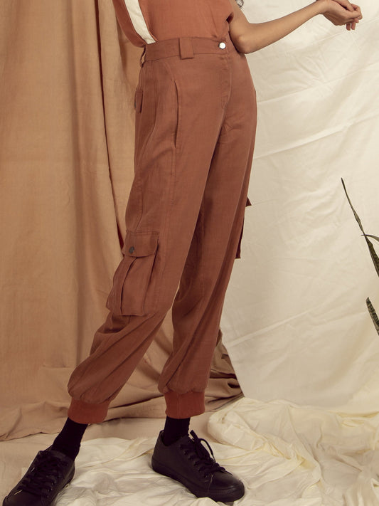 Copper Brown Pants Bottoms Brown, Fitted At Waist, Hayley Earth, Joggers, Natural, Solids, Tencel Satin The Terra Tribe Kamakhyaa