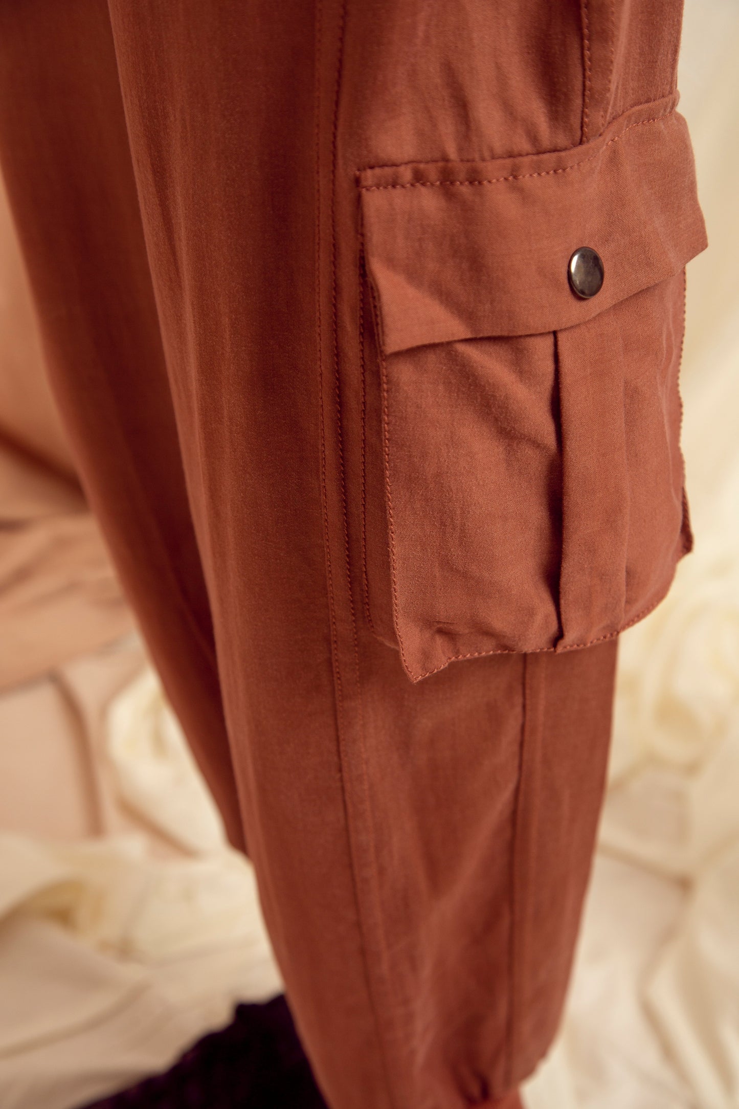 Copper Brown Pants by The Terra Tribe with Brown, Casual Wear, fall, Hayley earth by The Terra Tribe, Joggers, Natural, Regular Fit, Solids, Tencel Satin, Womenswear at Kamakhyaa for sustainable fashion