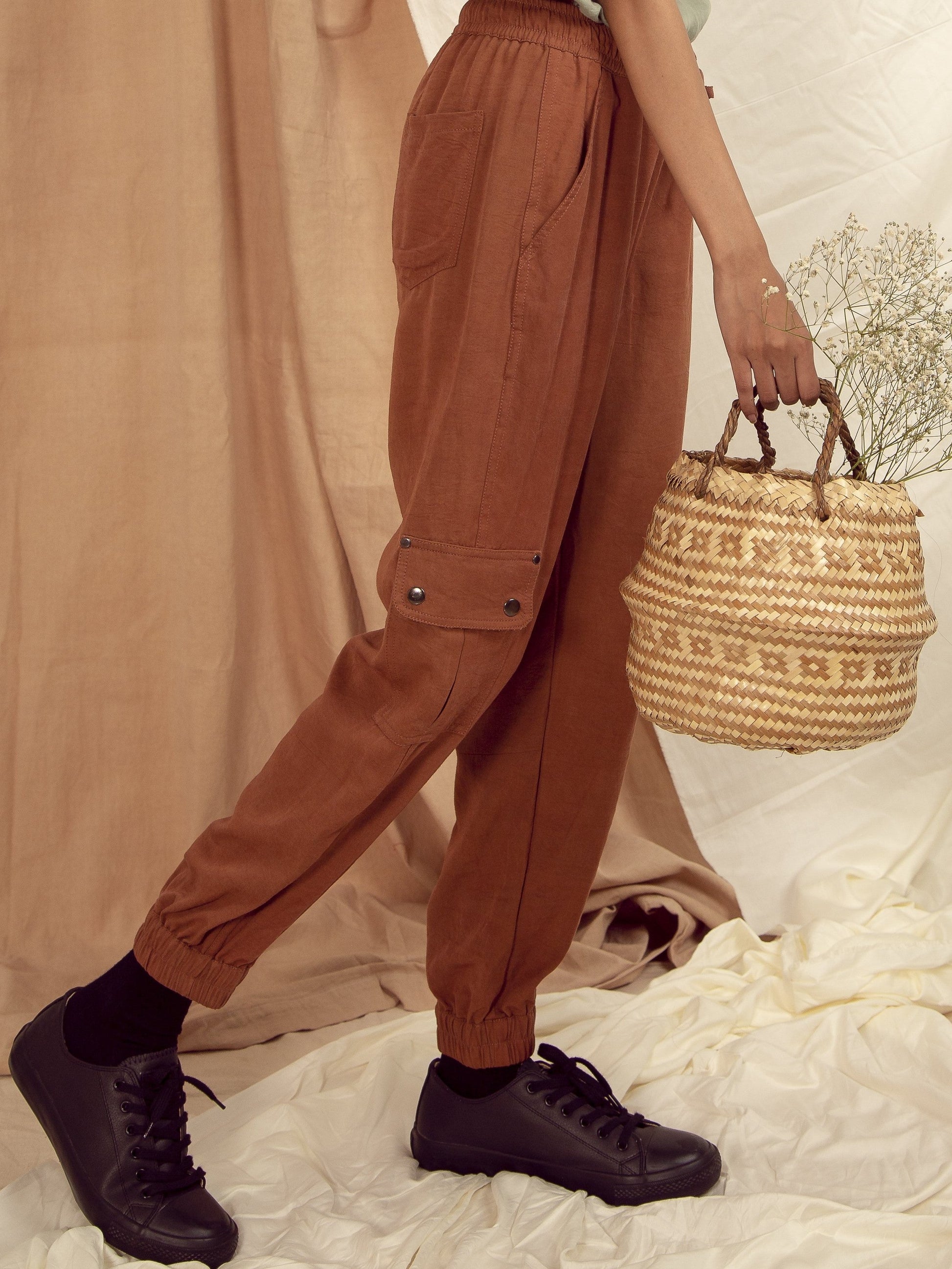 Copper Brown Pants Bottoms Brown, Fitted At Waist, Hayley Earth, Joggers, Natural, Solids, Tencel Twill The Terra Tribe Kamakhyaa