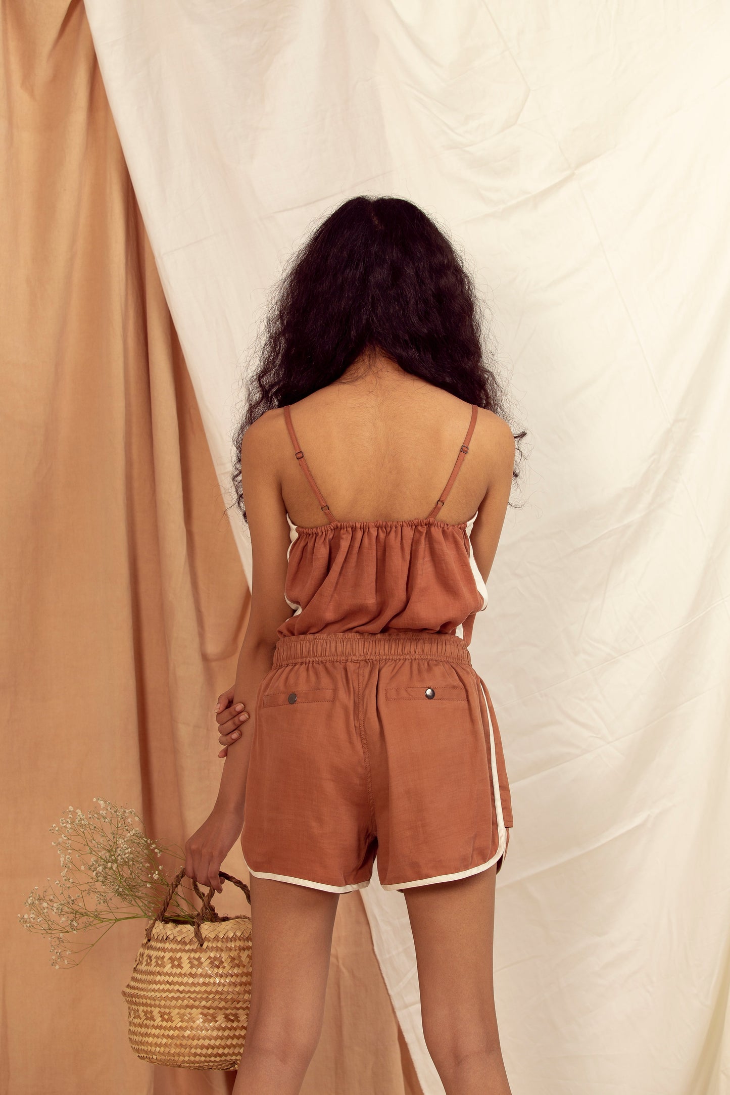 Copper Brown Shorts Bottoms Fitted At Waist, Hayley Earth, Natural, Shorts, Solids, Tencel Satin The Terra Tribe Kamakhyaa