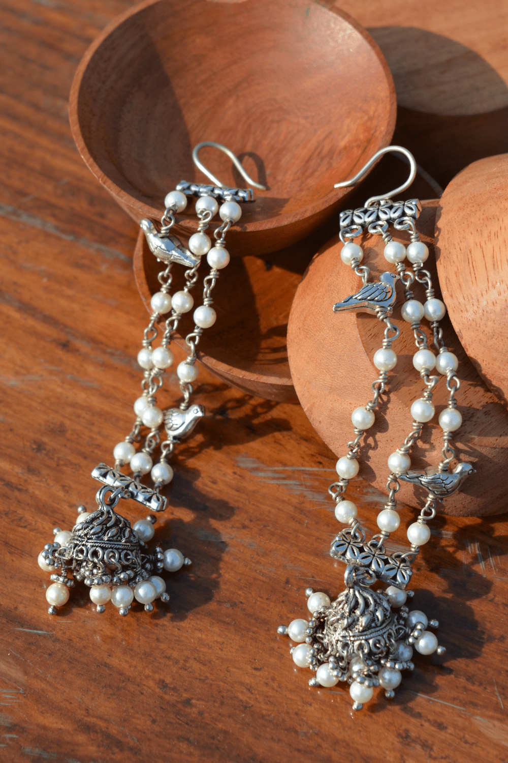 White Jhumkas Tassel Bird by House Of Heer with Alloy Metal, Danglers, Festive Jewellery, Festive Wear, Free Size, jewelry, July Sale, July Sale 2023, Less than $50, Natural, Pearl, Solids, Textured, White at Kamakhyaa for sustainable fashion