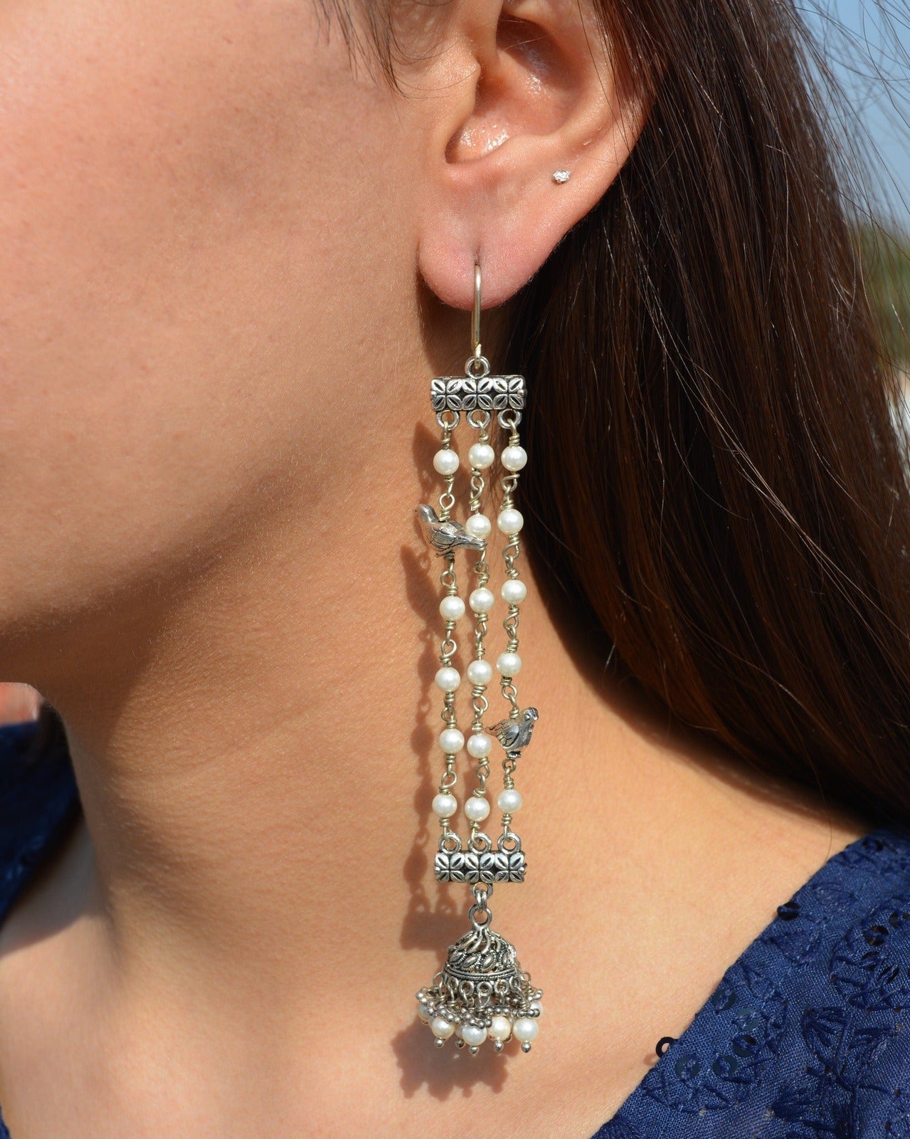 White Jhumkas Tassel Bird by House Of Heer with Alloy Metal, Danglers, Festive Jewellery, Festive Wear, Free Size, jewelry, July Sale, July Sale 2023, Less than $50, Natural, Pearl, Solids, Textured, White at Kamakhyaa for sustainable fashion