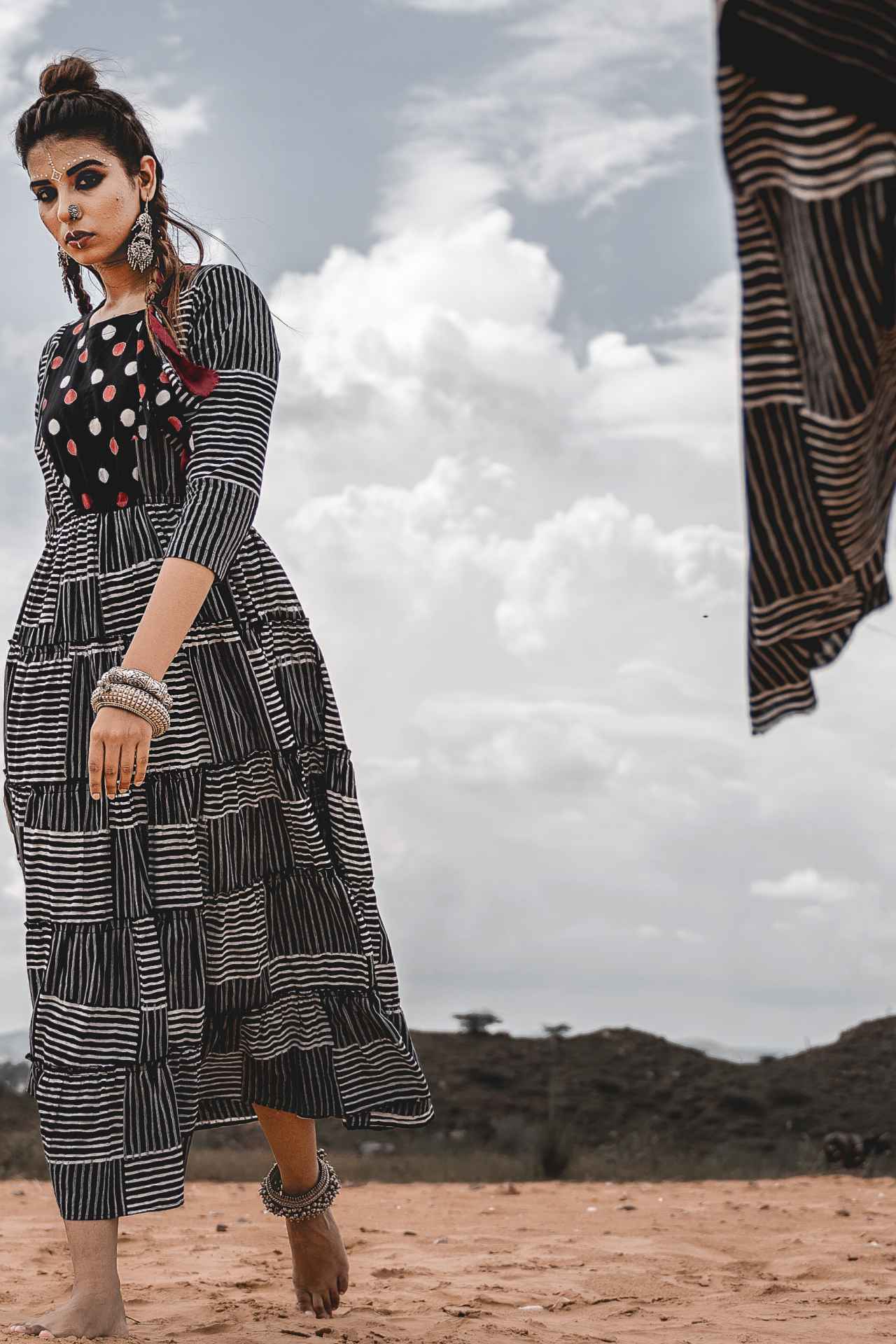 Block Printed Tiered Sleeve Dress by Keva with Black, Block Prints, Cotton, Midi Dresses, Natural, Printed Selfsame, Relaxed Fit, Resort Wear, Tiered Dresses, Wild Child, Womenswear at Kamakhyaa for sustainable fashion