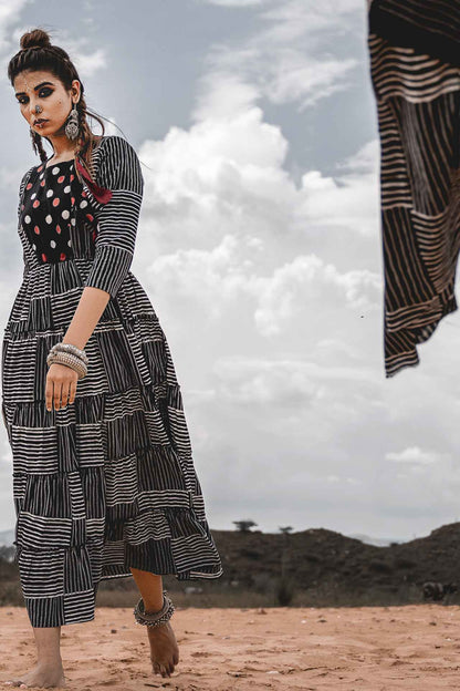 Block Printed Tiered Sleeve Dress by Keva with Black, Block Prints, Cotton, Midi Dresses, Natural, Printed Selfsame, Relaxed Fit, Resort Wear, Tiered Dresses, Wild Child, Womenswear at Kamakhyaa for sustainable fashion