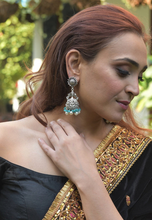 Green Jhumkas Turquoise Figurine by House Of Heer with Alloy Metal, Festive Jewellery, Festive Wear, Free Size, Green, jewelry, Jhumkas, July Sale, July Sale 2023, Natural, Pearl, Solids at Kamakhyaa for sustainable fashion