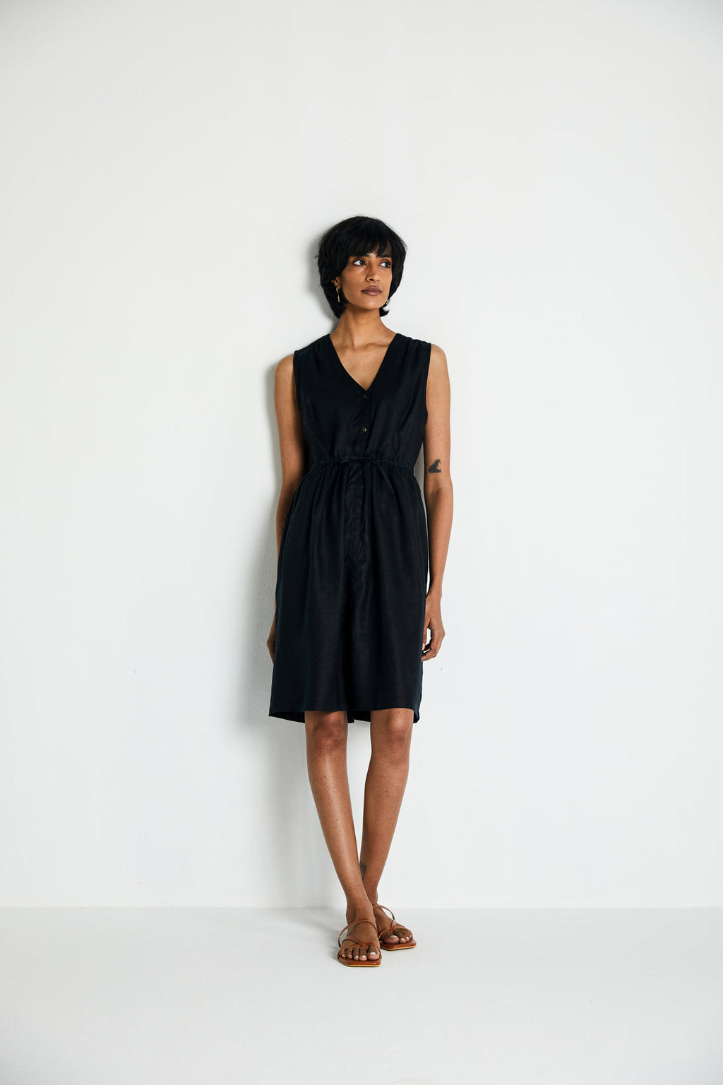 Twilight Drawstring Dress by Reistor with Archived, Black, Casual Wear, Dresses, Hemp, Hemp Noir by Reistor, Midi Dresses, Natural, Regular Fit, Sleeveless Dresses, Solid Selfmade, Solids, Womenswear at Kamakhyaa for sustainable fashion
