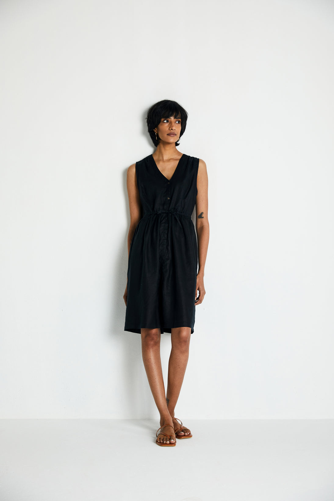 Twilight Drawstring Dress by Reistor with Archived, Black, Casual Wear, Dresses, Hemp, Hemp Noir by Reistor, Midi Dresses, Natural, Regular Fit, Sleeveless Dresses, Solid Selfmade, Solids, Womenswear at Kamakhyaa for sustainable fashion