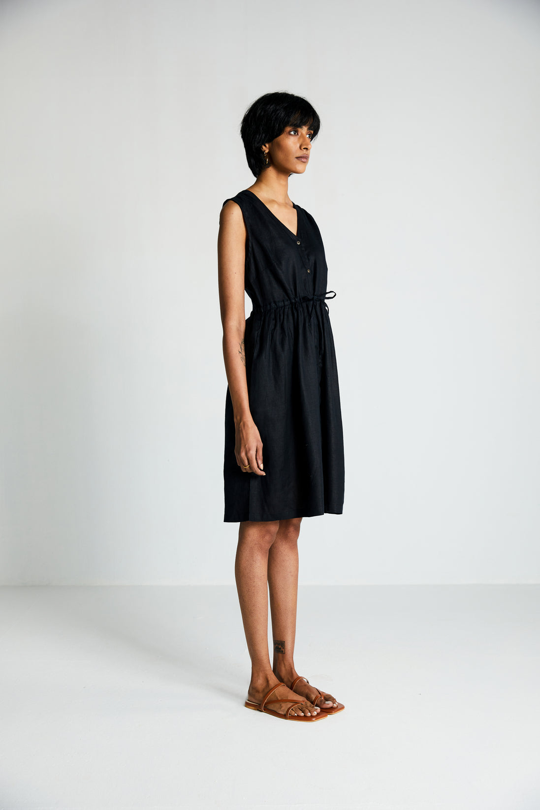 Twilight Drawstring Dress by Reistor with Archived, Black, Casual Wear, Dresses, Hemp, Hemp Noir by Reistor, Midi Dresses, Natural, Regular Fit, Sleeveless Dresses, Solid Selfmade, Solids, Womenswear at Kamakhyaa for sustainable fashion