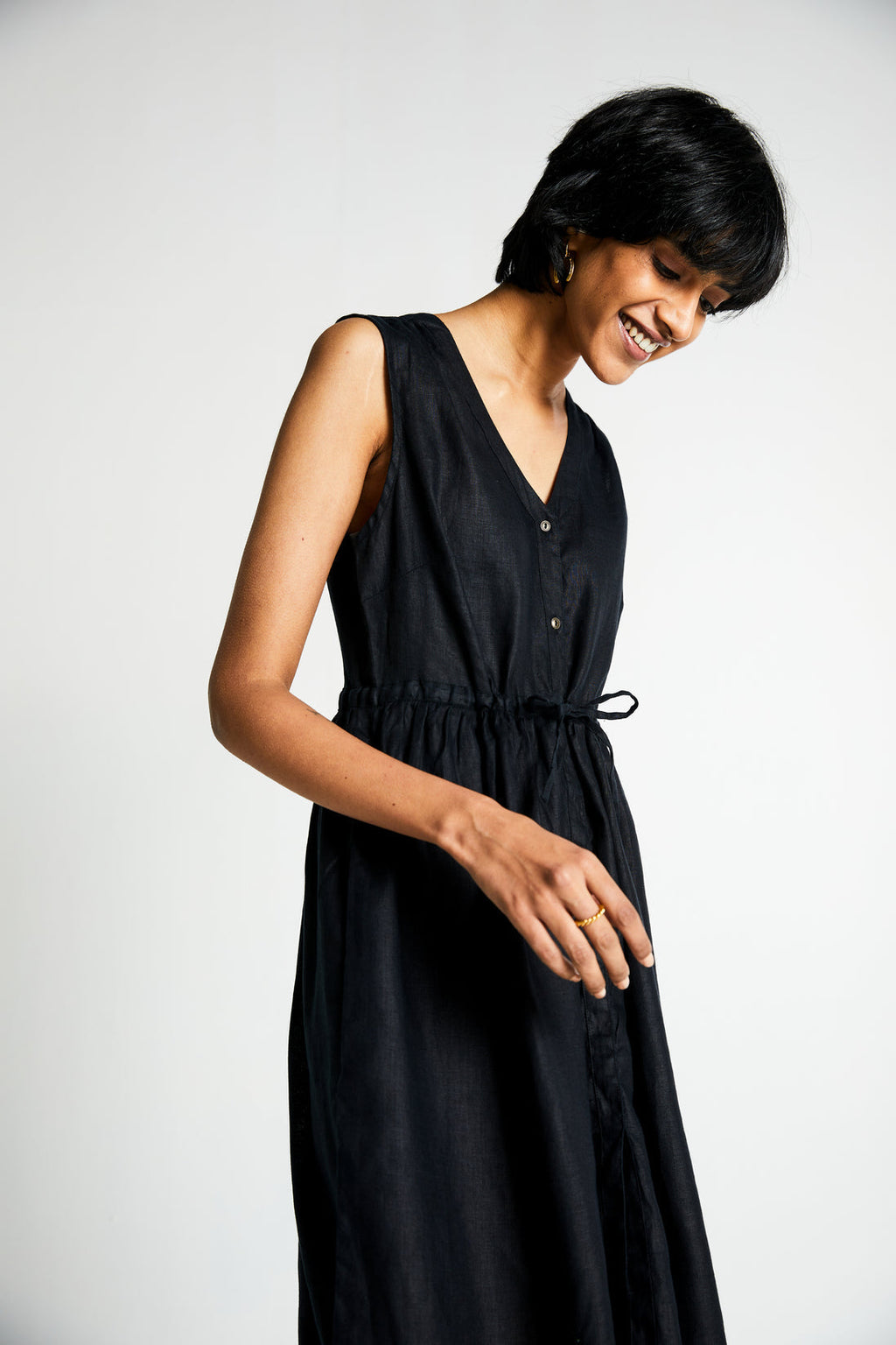 Twilight Drawstring Dress by Reistor with Archived, Black, Casual Wear, Dresses, Hemp, Hemp Noir by Reistor, Midi Dresses, Natural, Regular Fit, Sleeveless Dresses, Solid Selfmade, Solids, Womenswear at Kamakhyaa for sustainable fashion