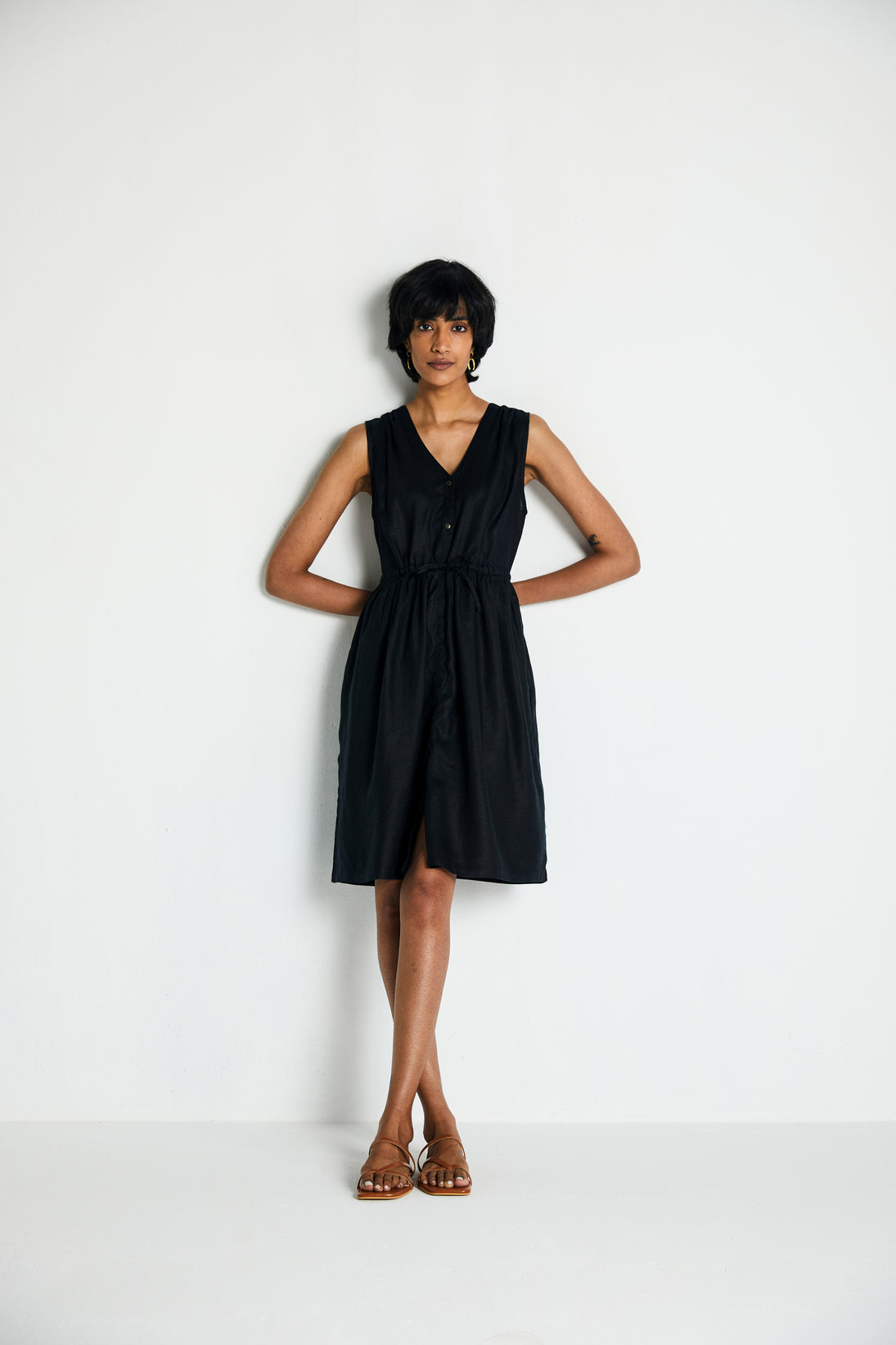 Twilight Drawstring Dress by Reistor with Archived, Black, Casual Wear, Dresses, Hemp, Hemp Noir by Reistor, Midi Dresses, Natural, Regular Fit, Sleeveless Dresses, Solid Selfmade, Solids, Womenswear at Kamakhyaa for sustainable fashion