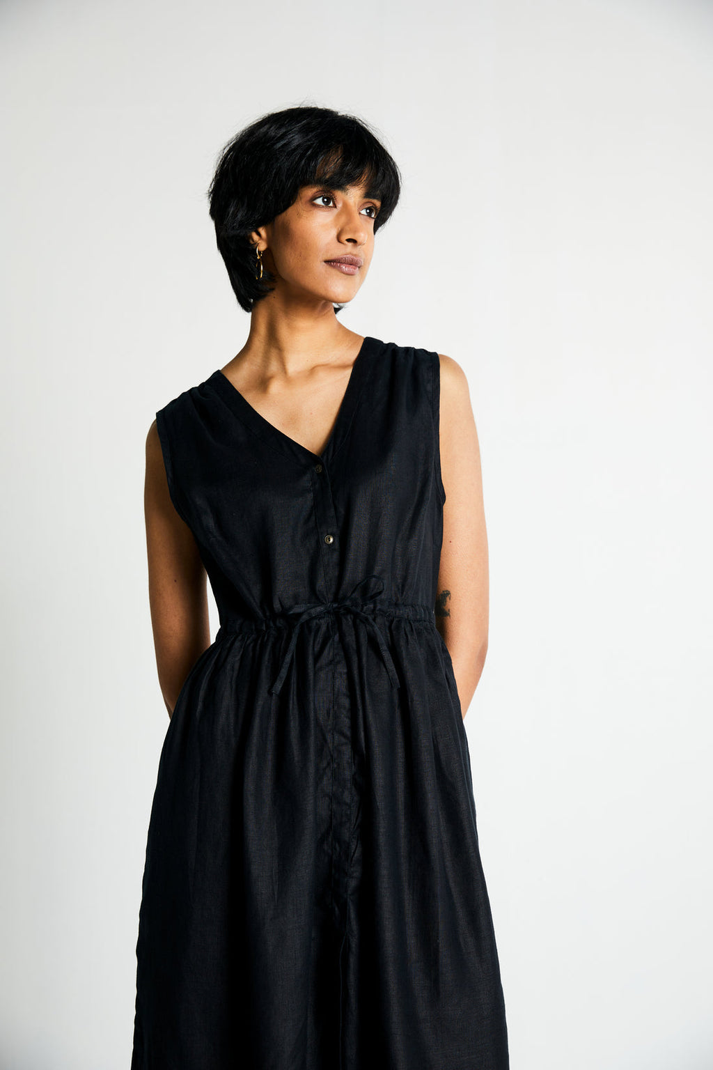 Twilight Drawstring Dress by Reistor with Archived, Black, Casual Wear, Dresses, Hemp, Hemp Noir by Reistor, Midi Dresses, Natural, Regular Fit, Sleeveless Dresses, Solid Selfmade, Solids, Womenswear at Kamakhyaa for sustainable fashion
