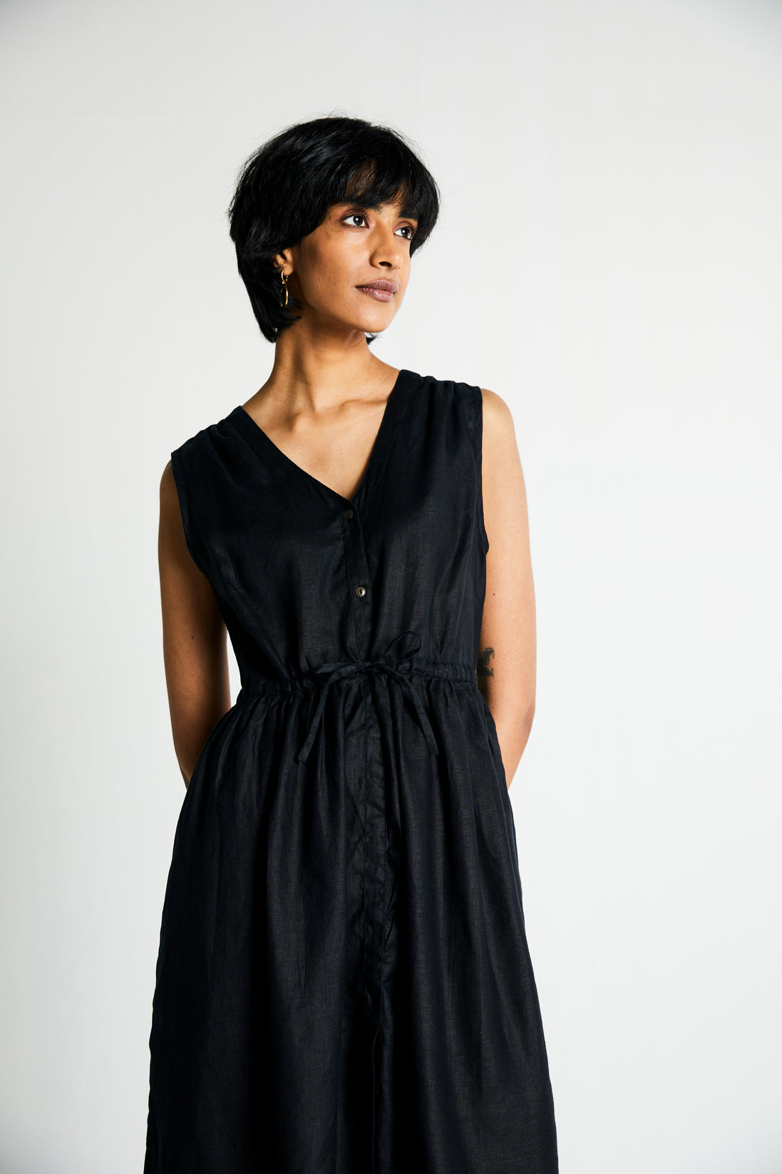 Twilight Drawstring Dress by Reistor with Archived, Black, Casual Wear, Dresses, Hemp, Hemp Noir by Reistor, Midi Dresses, Natural, Regular Fit, Sleeveless Dresses, Solid Selfmade, Solids, Womenswear at Kamakhyaa for sustainable fashion
