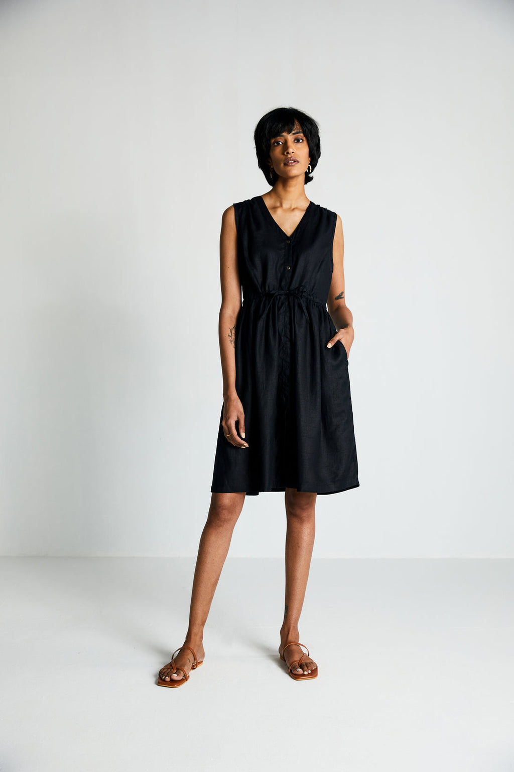 Twilight Drawstring Dress by Reistor with Archived, Black, Casual Wear, Dresses, Hemp, Hemp Noir by Reistor, Midi Dresses, Natural, Regular Fit, Sleeveless Dresses, Solid Selfmade, Solids, Womenswear at Kamakhyaa for sustainable fashion