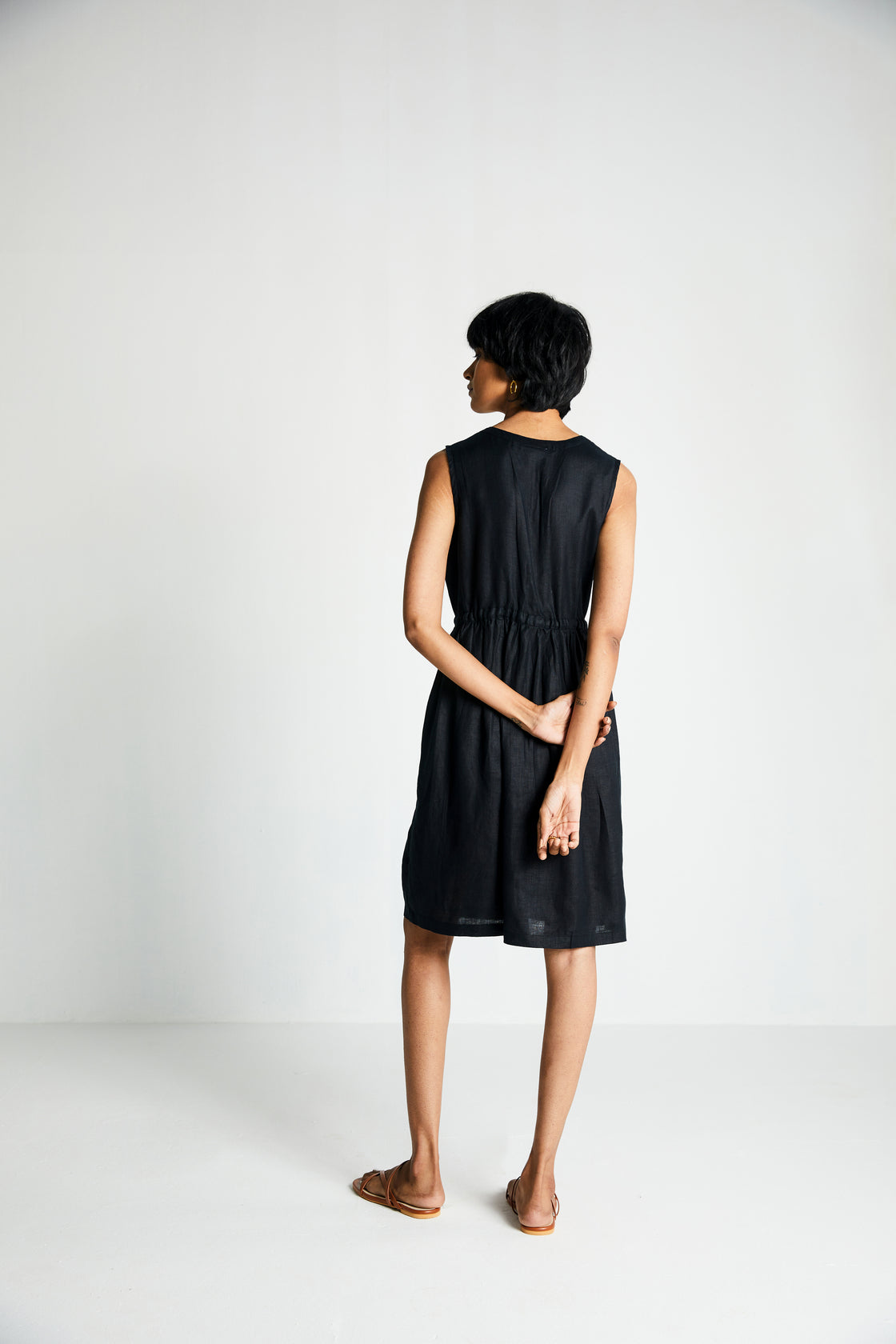 Twilight Drawstring Dress by Reistor with Archived, Black, Casual Wear, Dresses, Hemp, Hemp Noir by Reistor, Midi Dresses, Natural, Regular Fit, Sleeveless Dresses, Solid Selfmade, Solids, Womenswear at Kamakhyaa for sustainable fashion