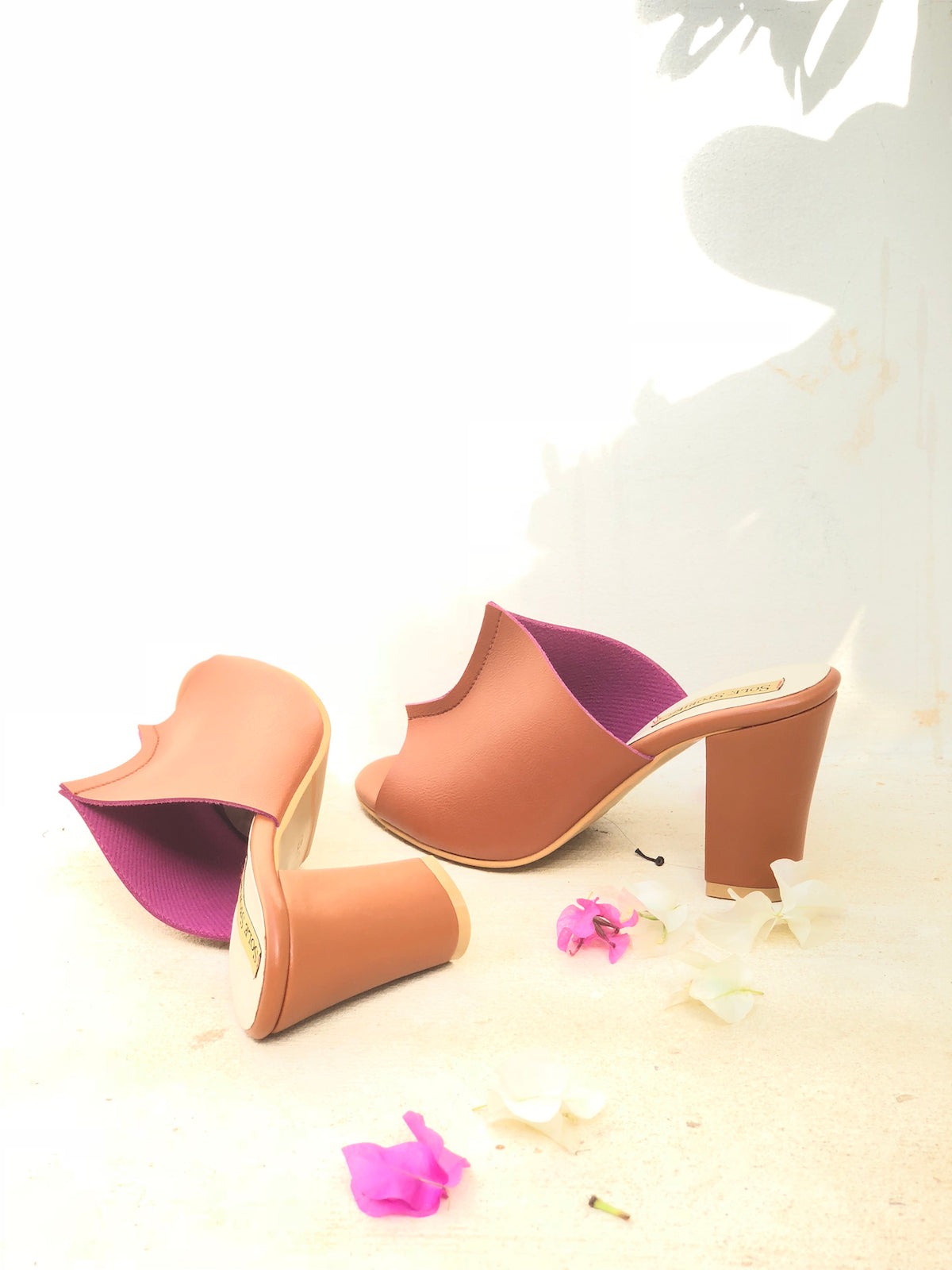 Heels-Two Toned Mules Tan by Sole Stories with Brown, Casual Wear, Faux Leather, Festive Wear, For Bachelorette, Mules, Natural, Open Toes, Regular Fit, Slip Ons, Solids, Upcycled, Vegan at Kamakhyaa for sustainable fashion