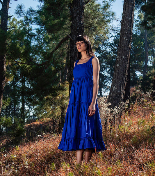 Electric Blue Midi Dress by Khara Kapas with Blue, Midi Dresses, Natural, Poplin, Regular Fit, Sleeveless Dresses, Solid Selfmade, Solids, Tiered Dresses, Wilderness, Wilderness by Khara Kapas, Womenswear at Kamakhyaa for sustainable fashion
