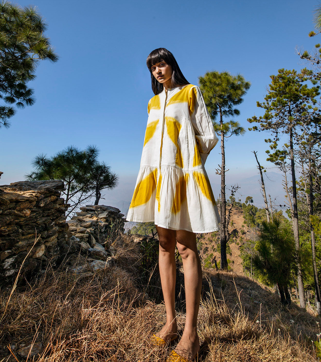 White Yellow Shibori Dyed Mini Dress Dresses Dresses, Mul Cotton, Natural, Ombres & Dyes, Regular Fit, White, Wilderness Khara Kapas Kamakhyaa