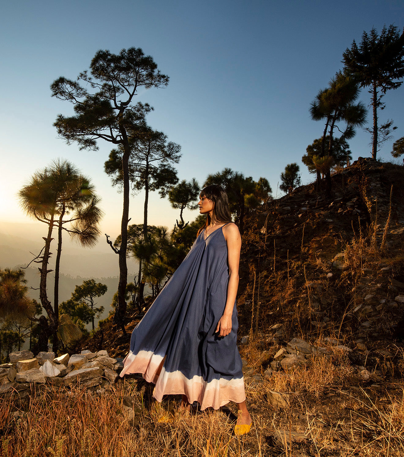 Blue Ruffled Midi Dress Dresses Blue, Dresses, Natural, Solids, Wilderness Khara Kapas Kamakhyaa