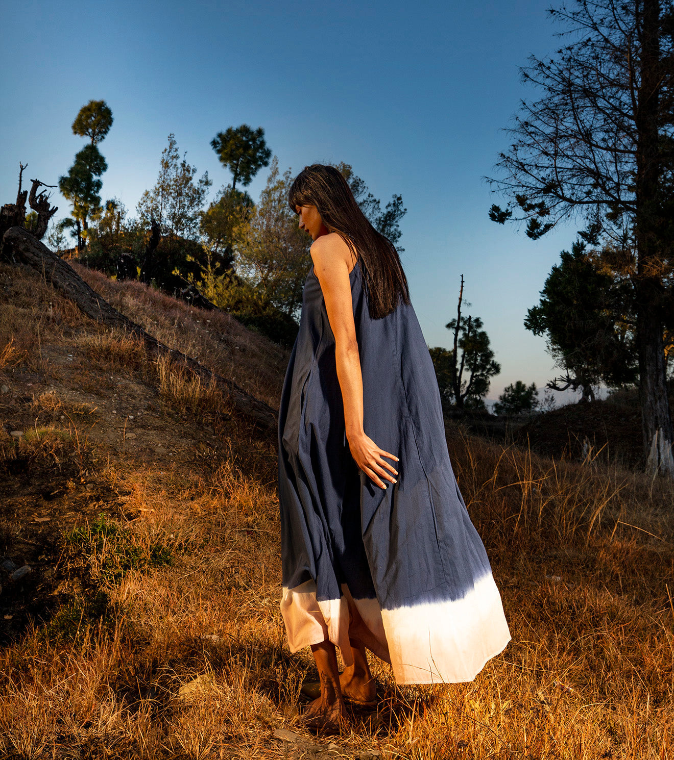 Blue Ruffled Midi Dress Dresses Blue, Dresses, Natural, Solids, Wilderness Khara Kapas Kamakhyaa