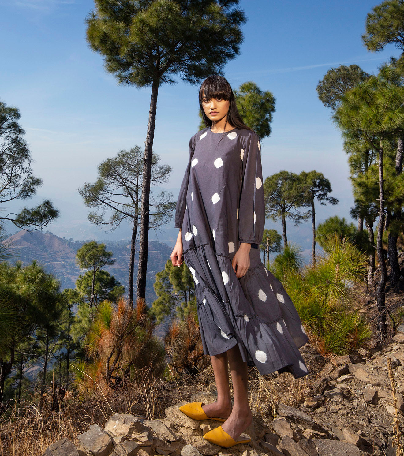 Charcoal Polka Dots Midi Dress Dresses Mul Cotton, Natural, Prints, Regular Fit, Tiered Dresses, Wilderness Khara Kapas Kamakhyaa