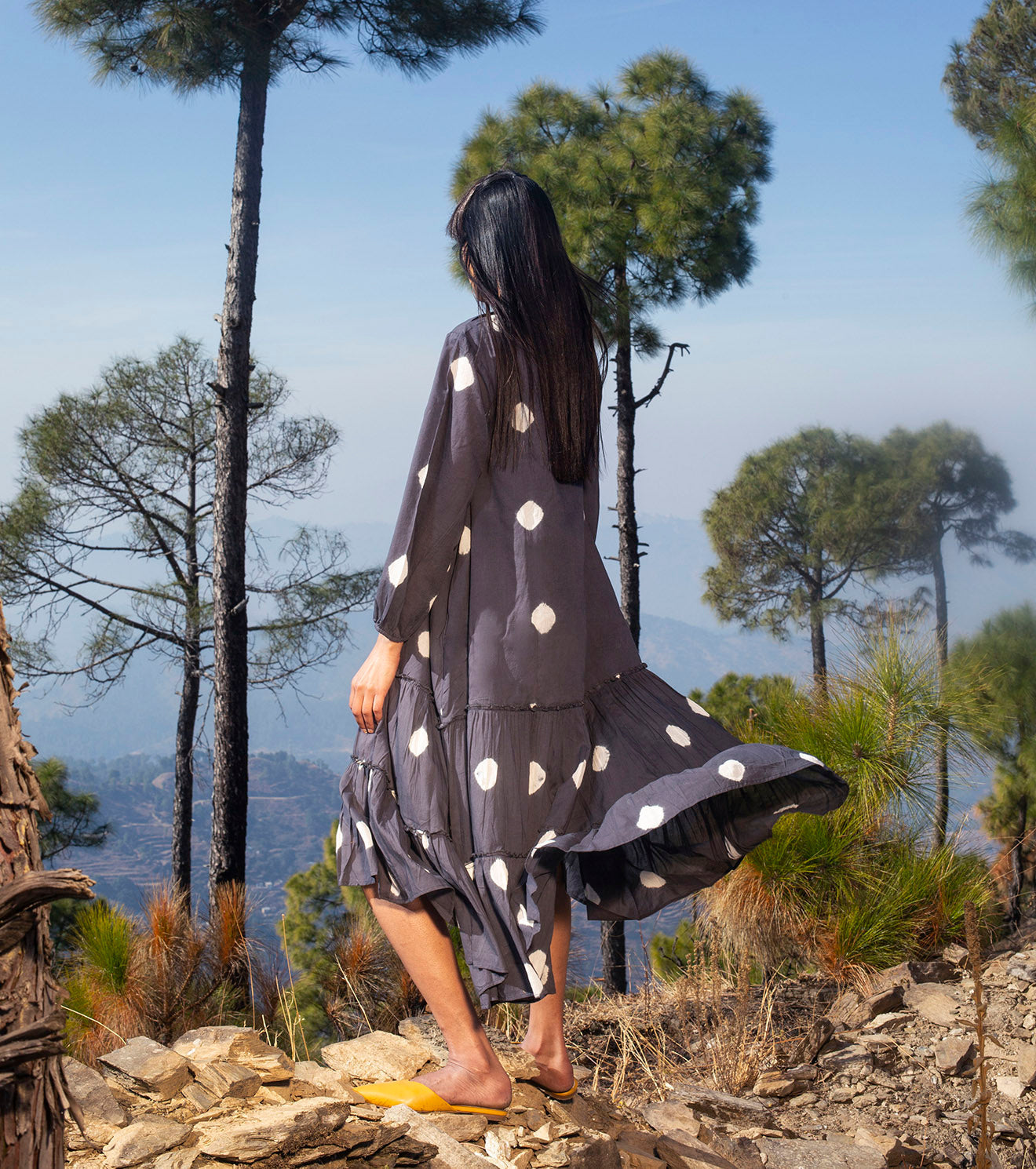Charcoal Polka Dots Midi Dress Dresses Mul Cotton, Natural, Prints, Regular Fit, Tiered Dresses, Wilderness Khara Kapas Kamakhyaa