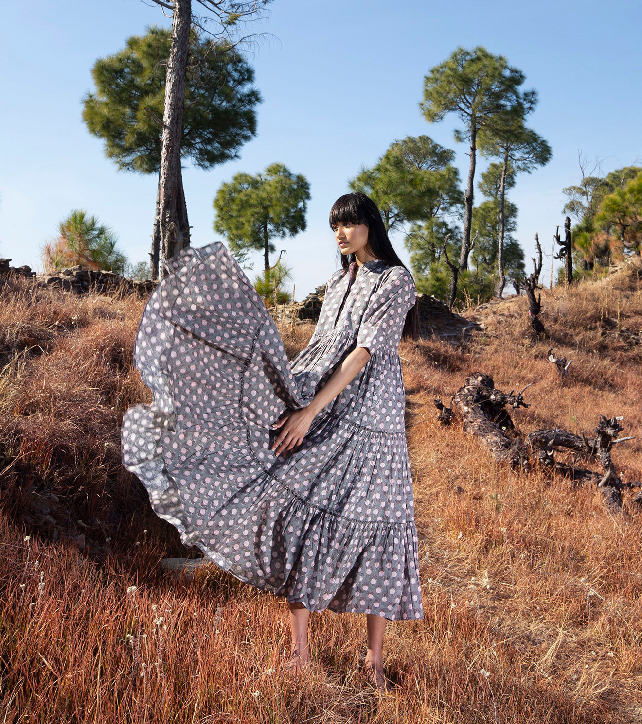 Grey Floral Maxi Dress Dresses Mul Cotton, Natural, Regular Fit, Tiered Dresses, Wilderness Khara Kapas Kamakhyaa