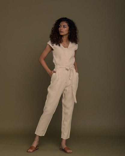 Evening Chai Jumpsuit - Sand Beige by Reistor with Brown, Casual Wear, fall, Hemp, Hemp by Reistor, Jumpsuits, Natural, Regular Fit, Solid Selfmade, Solids, Womenswear at Kamakhyaa for sustainable fashion