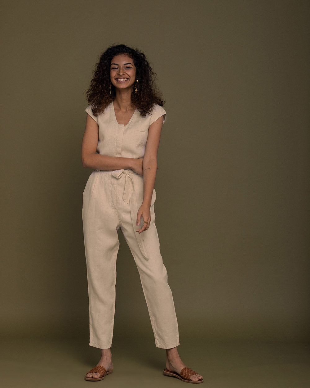 Evening Chai Jumpsuit - Sand Beige by Reistor with Brown, Casual Wear, fall, Hemp, Hemp by Reistor, Jumpsuits, Natural, Regular Fit, Solid Selfmade, Solids, Womenswear at Kamakhyaa for sustainable fashion