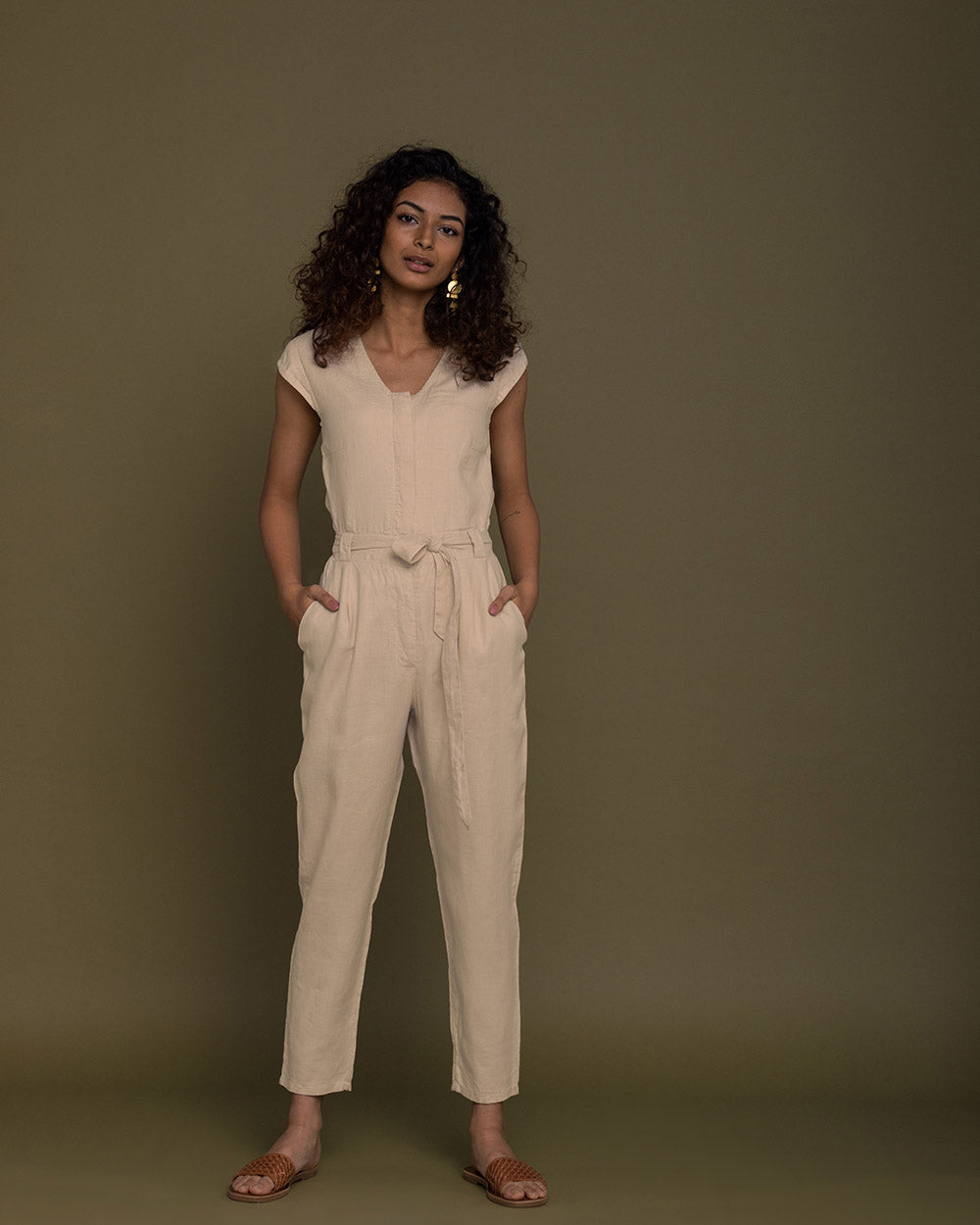 Evening Chai Jumpsuit - Sand Beige by Reistor with Brown, Casual Wear, fall, Hemp, Hemp by Reistor, Jumpsuits, Natural, Regular Fit, Solid Selfmade, Solids, Womenswear at Kamakhyaa for sustainable fashion
