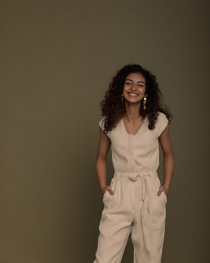 Evening Chai Jumpsuit - Sand Beige by Reistor with Brown, Casual Wear, fall, Hemp, Hemp by Reistor, Jumpsuits, Natural, Regular Fit, Solid Selfmade, Solids, Womenswear at Kamakhyaa for sustainable fashion