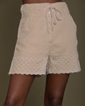 Raindrops On Flip Flops Shorts - Sand Beige by Reistor with Brown, Casual Wear, Embroidered, Fall, Hemp, Hemp by Reistor, Natural, Shorts, Womenswear at Kamakhyaa for sustainable fashion