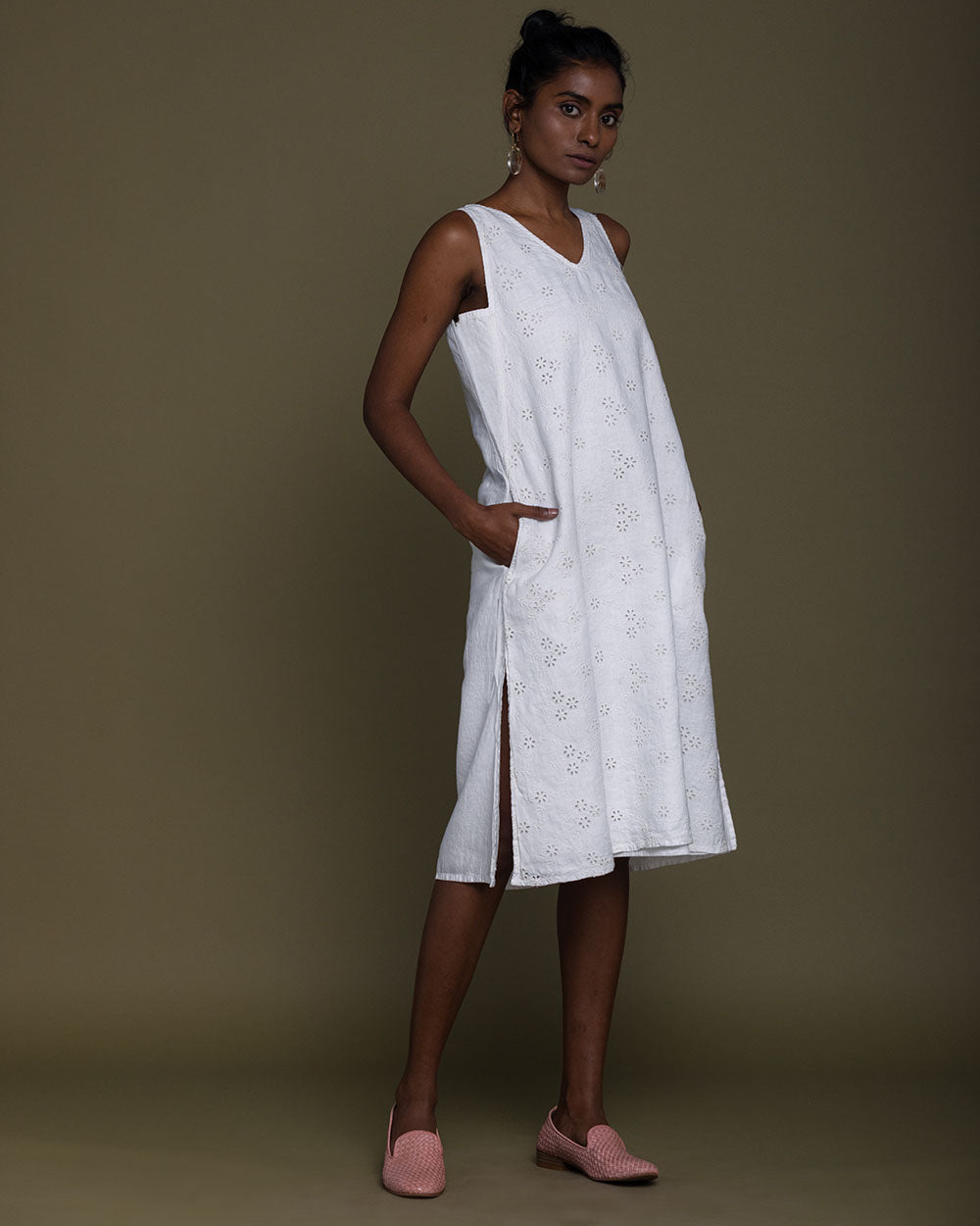 Stolen Sunsets Dresses - Coconut White Embroidered, Hemp, Midi Dresses, Natural, Reistor Kamakhyaa