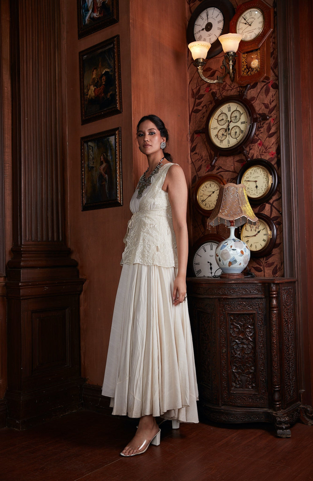 White Silk Dress With Reversible Organza Jacket by Chambray & Co. with Chambray & Co, Dress Sets, Dresses, Embroidered, Natural, Party Wear, Regular Fit, Reversible, Riwayat, Silk, White, Womenswear at Kamakhyaa for sustainable fashion