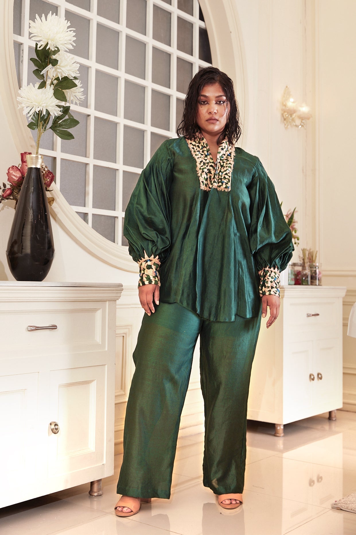 Green Chanderi Silk Co-Ord Set by Chambray & Co. with Chambray & Co, Chanderi Silk, Complete Sets, Embroidered, Green, Natural, Party Wear, PartyWear Co-ords, Regular Fit, Taabir, Womenswear at Kamakhyaa for sustainable fashion