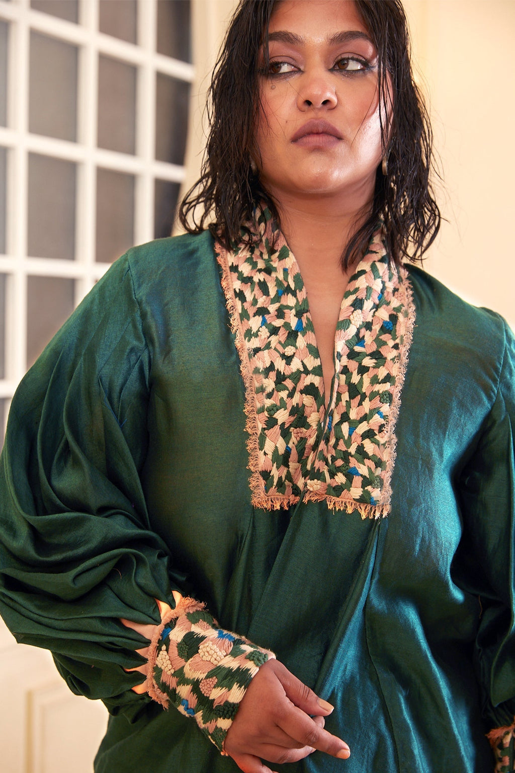 Green Chanderi Silk Co-Ord Set by Chambray & Co. with Chambray & Co, Chanderi Silk, Complete Sets, Embroidered, Green, Natural, Party Wear, PartyWear Co-ords, Regular Fit, Taabir, Womenswear at Kamakhyaa for sustainable fashion