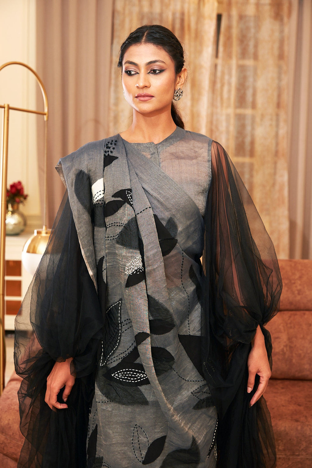 Silver And Black Chanderi Silk Saree Set by Chambray & Co. with Black, Chambray & Co, Chanderi Silk, Embroidered, Indian Wear, Natural, Party Wear, Regular Fit, Sarees, Silver, Taabir, Womenswear at Kamakhyaa for sustainable fashion