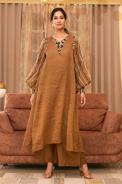 Gold Chanderi Silk Hand Embroidered Dress Set