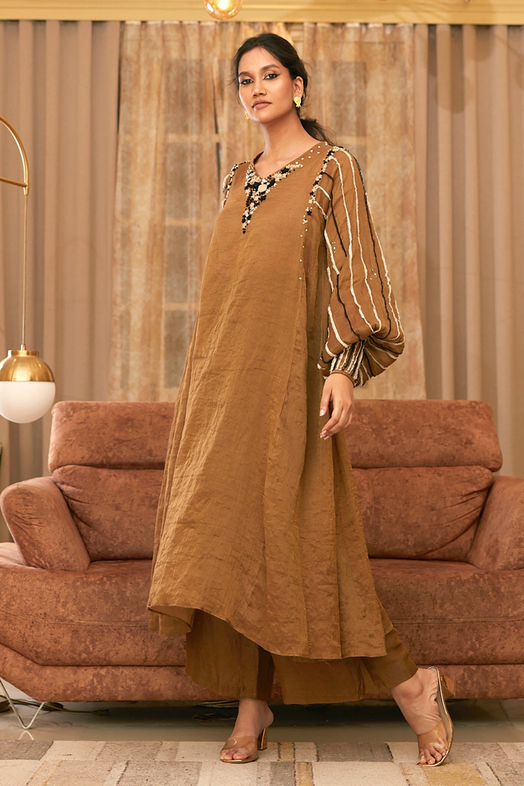 Gold Chanderi Silk Hand Embroidered Dress Set by Chambray & Co. with Chambray & Co, Chanderi Silk, Dress Sets, Dresses, Embroidered, Gold, Natural, Party Wear, Regular Fit, Taabir, Womenswear at Kamakhyaa for sustainable fashion