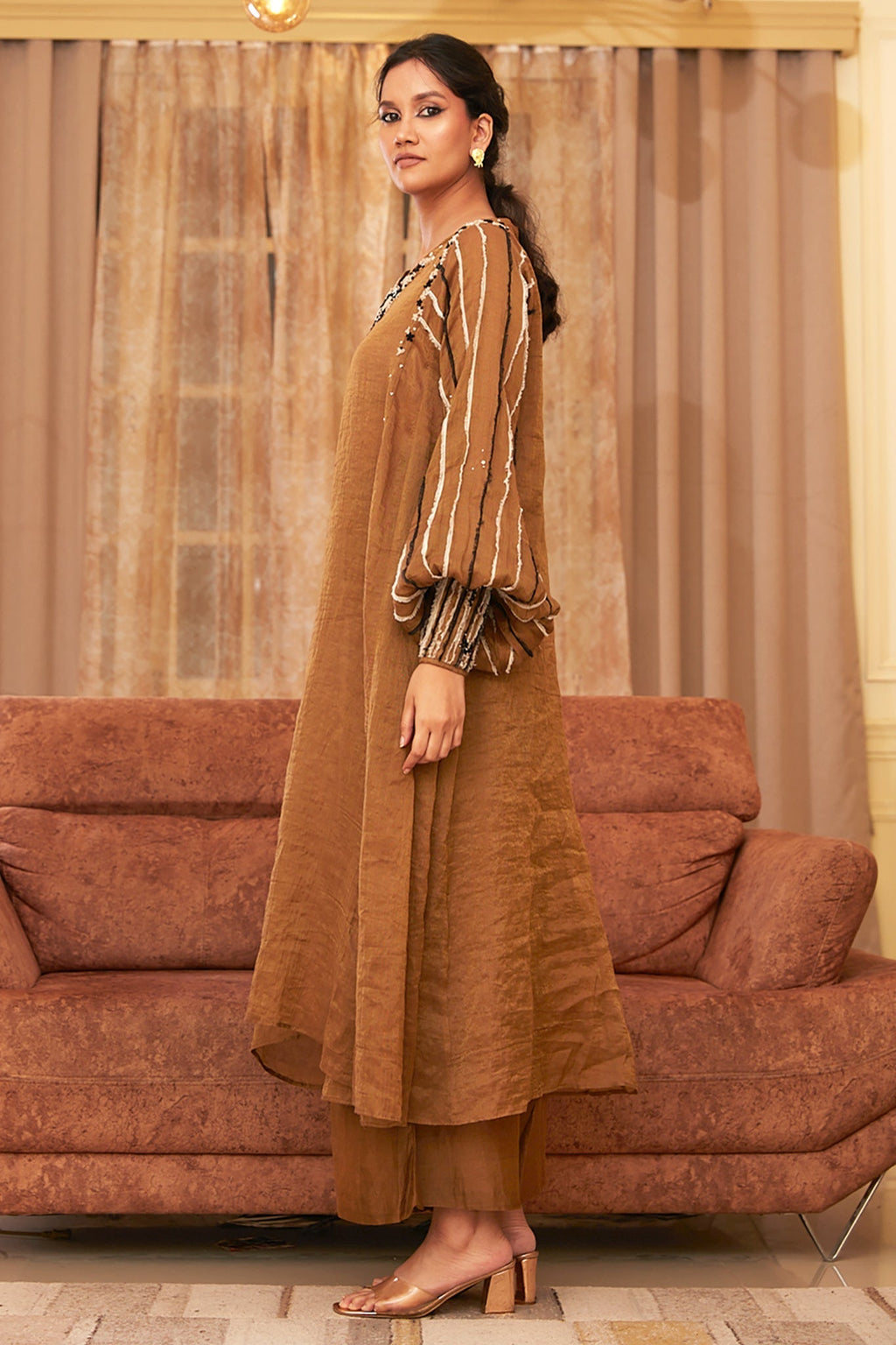 Gold Chanderi Silk Hand Embroidered Dress Set by Chambray & Co. with Chambray & Co, Chanderi Silk, Dress Sets, Dresses, Embroidered, Gold, Natural, Party Wear, Regular Fit, Taabir, Womenswear at Kamakhyaa for sustainable fashion