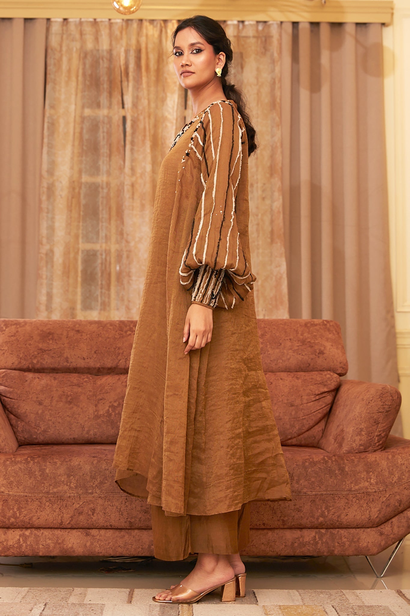 Gold Chanderi Silk Hand Embroidered Dress Set by Chambray & Co. with Chambray & Co, Chanderi Silk, Dress Sets, Dresses, Embroidered, Gold, Natural, Party Wear, Regular Fit, Taabir, Womenswear at Kamakhyaa for sustainable fashion