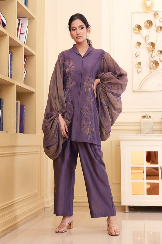 Purple Chanderi Silk Co-Ord Set by Chambray & Co. with Chambray & Co, Chanderi Silk, Complete Sets, Embroidered, Natural, Party Wear, PartyWear Co-ords, Purple, Regular Fit, Taabir, Womenswear at Kamakhyaa for sustainable fashion