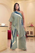 Blue Chanderi Silk One Shoulder Co-Ord Set by Chambray & Co. with Blue, Chambray & Co, Chanderi Silk, Complete Sets, Embroidered, Natural, Party Wear, PartyWear Co-ords, Regular Fit, Taabir, Womenswear at Kamakhyaa for sustainable fashion