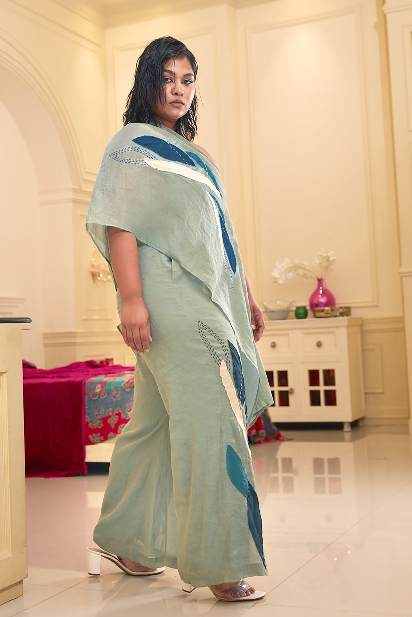 Blue Chanderi Silk One Shoulder Co-Ord Set by Chambray & Co. with Blue, Chambray & Co, Chanderi Silk, Complete Sets, Embroidered, Natural, Party Wear, PartyWear Co-ords, Regular Fit, Taabir, Womenswear at Kamakhyaa for sustainable fashion